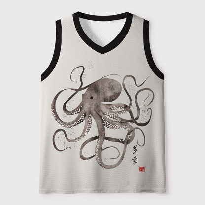 Tokyo-Tiger Octopus Japanese Calligraphy Mesh Tank Top