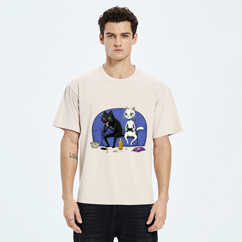 Tokyo-Tiger Two Cats One Couch Endless Fun Washed T-Shirt