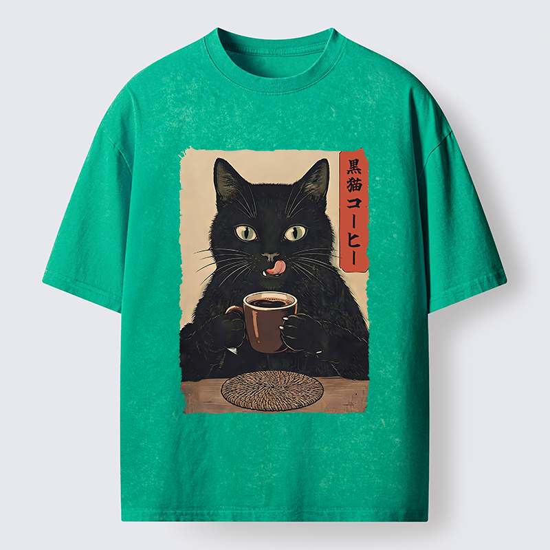 Tokyo-Tiger Vintage Black Cat Coffee Art Washed T-Shirt