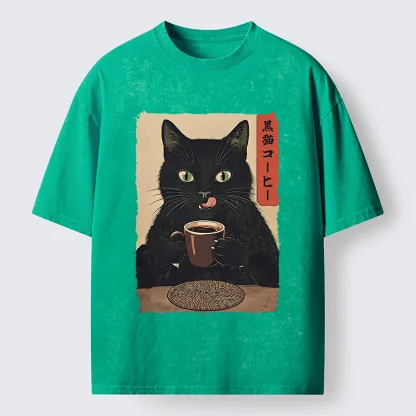 Tokyo-Tiger Vintage Black Cat Coffee Art Washed T-Shirt