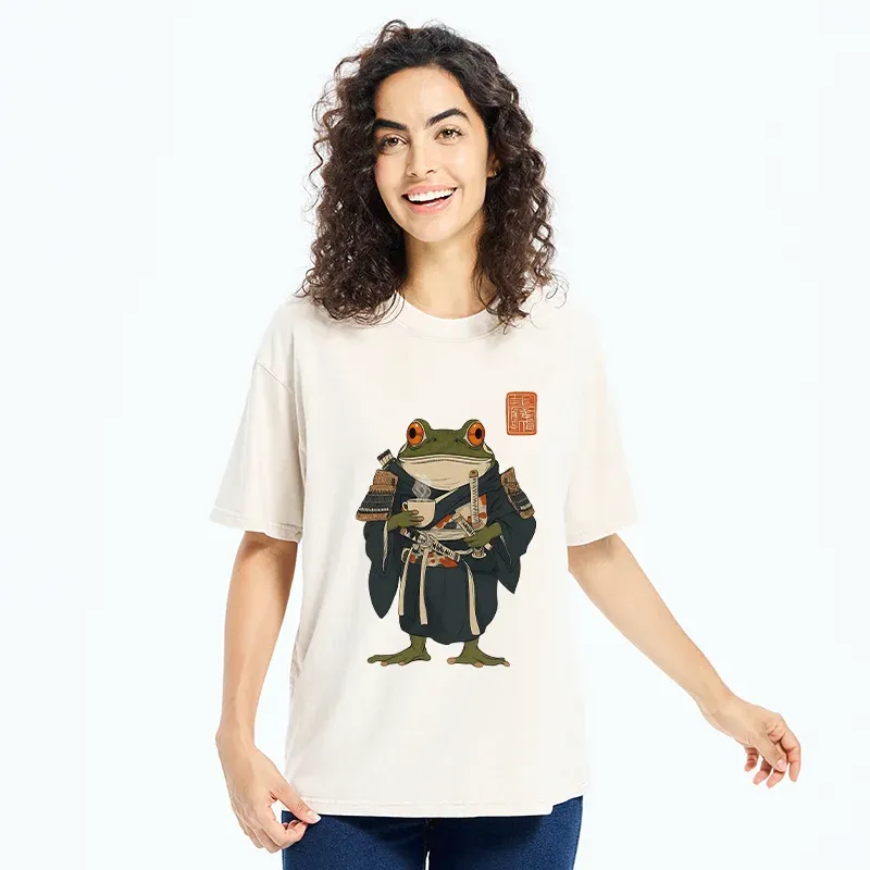 Tokyo-Tiger Frog Samurai Drinking Tea Washed T-Shirt