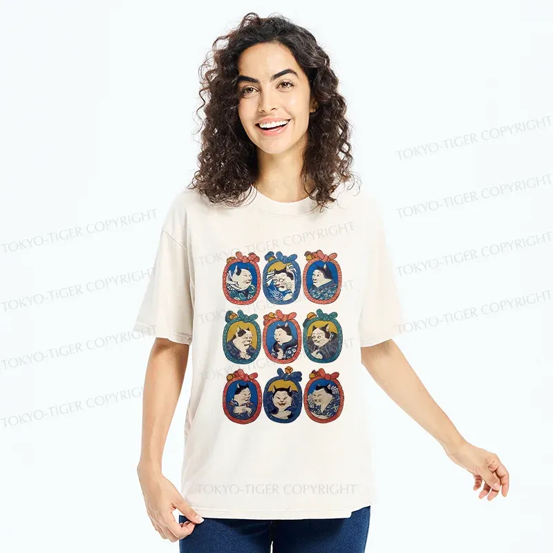 Tokyo-Tiger Ukiyo-e Cat Portrait Washed T-Shirt