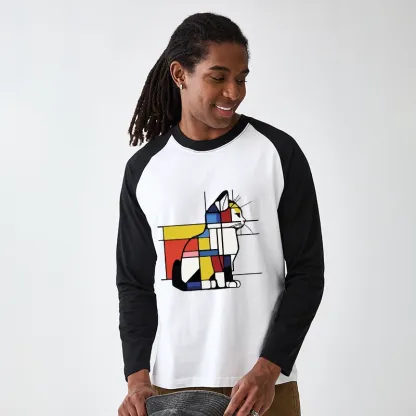 Tokyo-Tiger Geometric Cat Art In Primary Colors Raglan Long Sleeve T-shirt