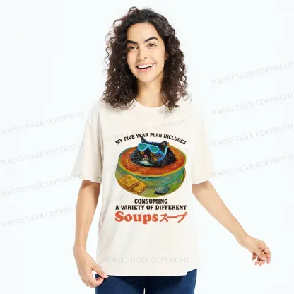 Tokyo-Tiger Cat Drinking Soup Washed T-Shirt