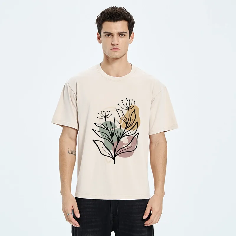 Tokyo-Tiger Soft Boho Floral Line Art Washed T-Shirt