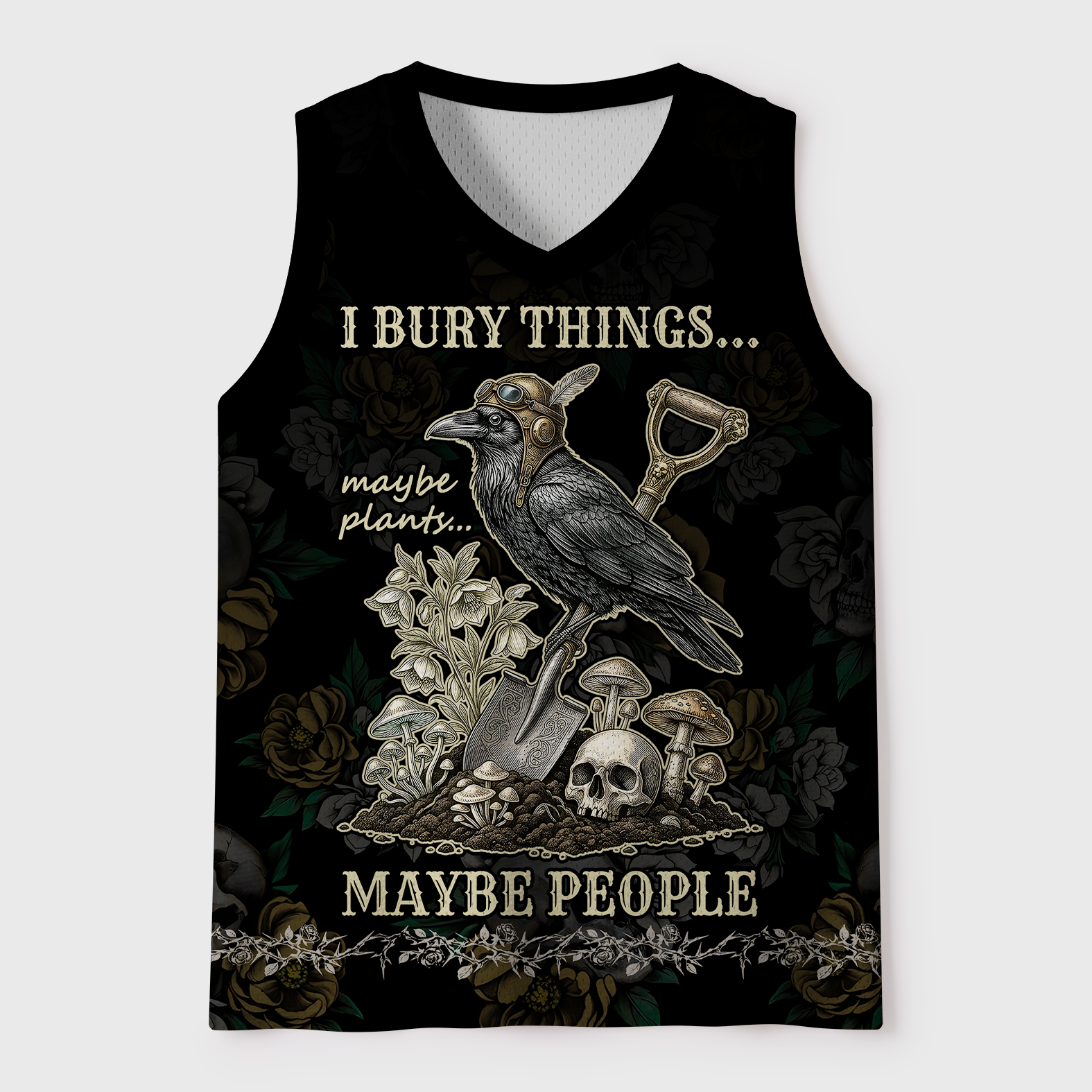 Tokyo-Tiger "I Bury Things" Dark Humor Gardening Crow Mesh Tank Top