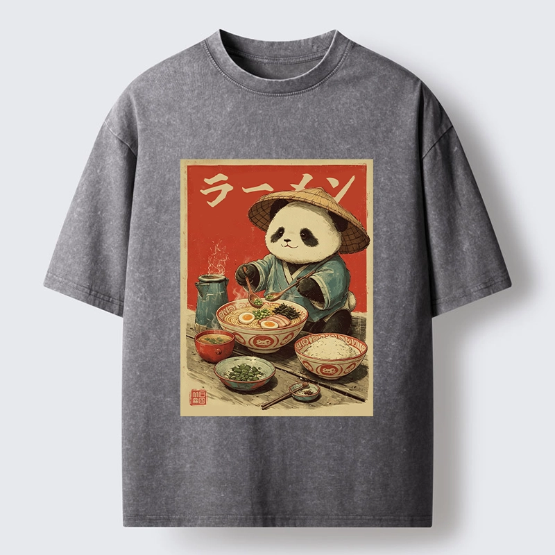 Tokyo-Tiger Panda Enjoying Ramen Washed T-Shirt