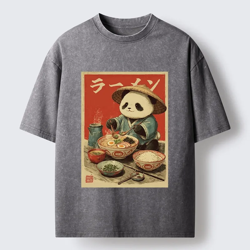 Tokyo-Tiger Panda Enjoying Ramen Washed T-Shirt