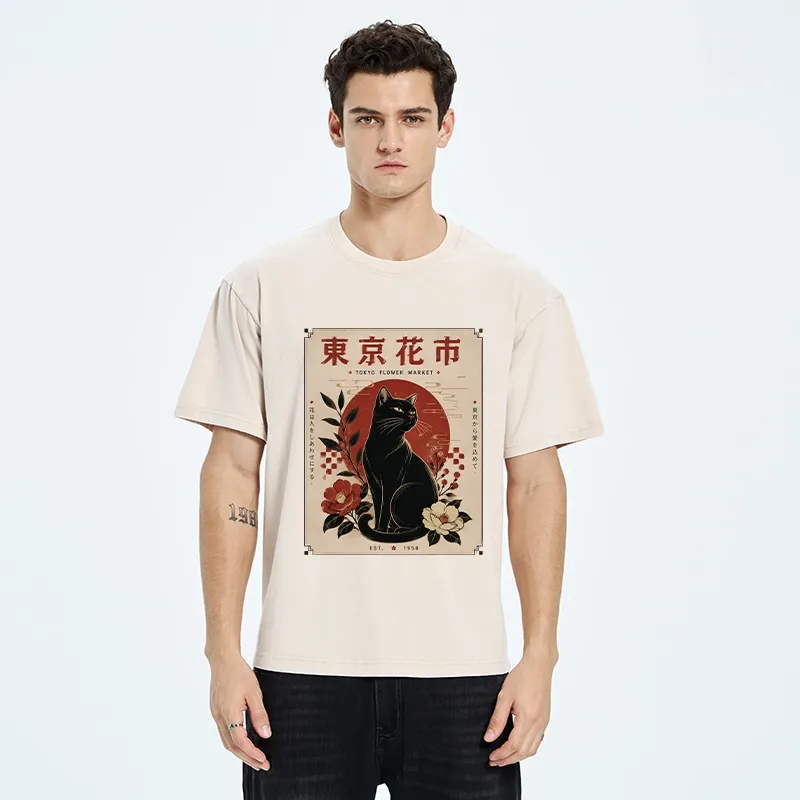 Tokyo-Tiger Tokyo Flower Market Cat Washed T-Shirt