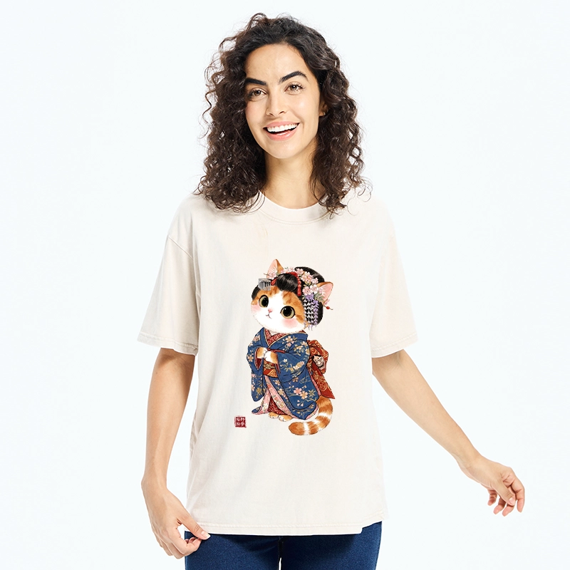 Tokyo-Tiger Cat Dressed As A Geisha Funny Washed T-Shirt