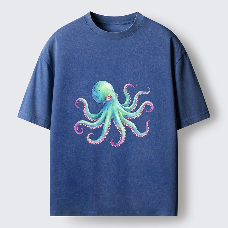 Tokyo‑Tiger Watercolor Octopus Washed T‑Shirt