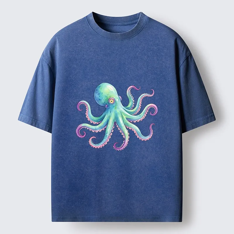 Tokyo‑Tiger Watercolor Octopus Washed T‑Shirt