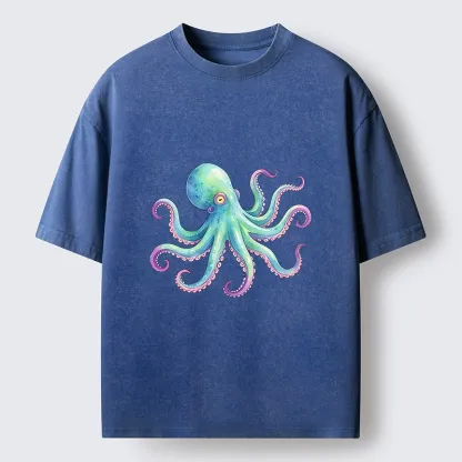Tokyo‑Tiger Watercolor Octopus Washed T‑Shirt