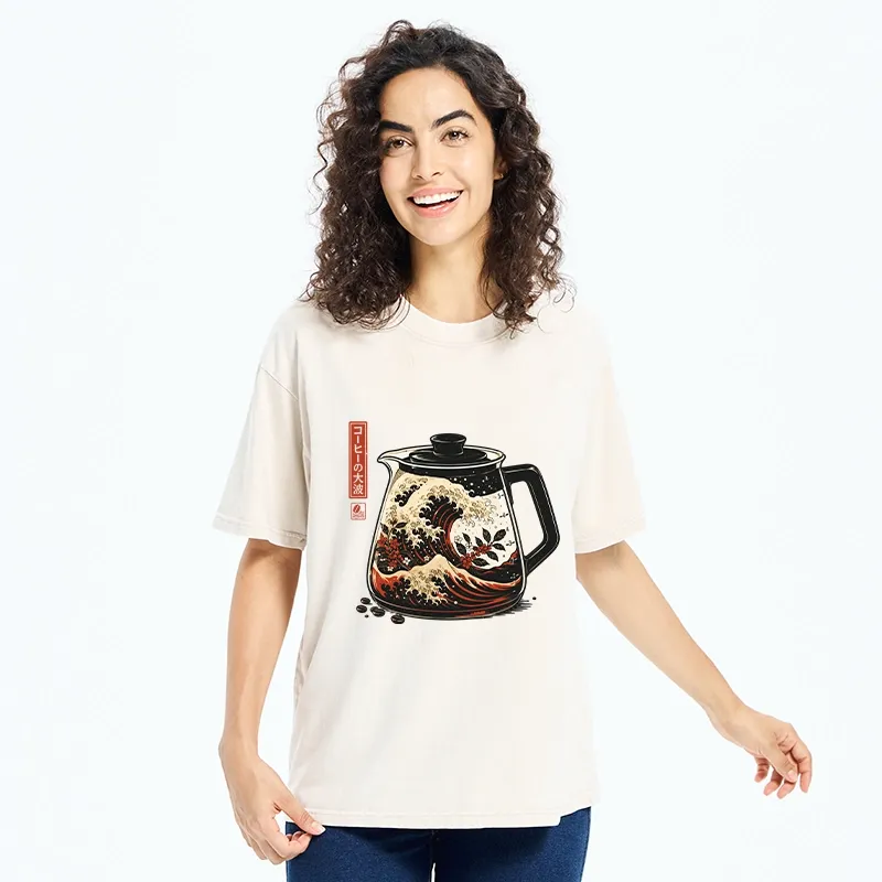Tokyo-Tiger Coffee Pot Great Wave Coffee Beans Art Washed T-Shirt