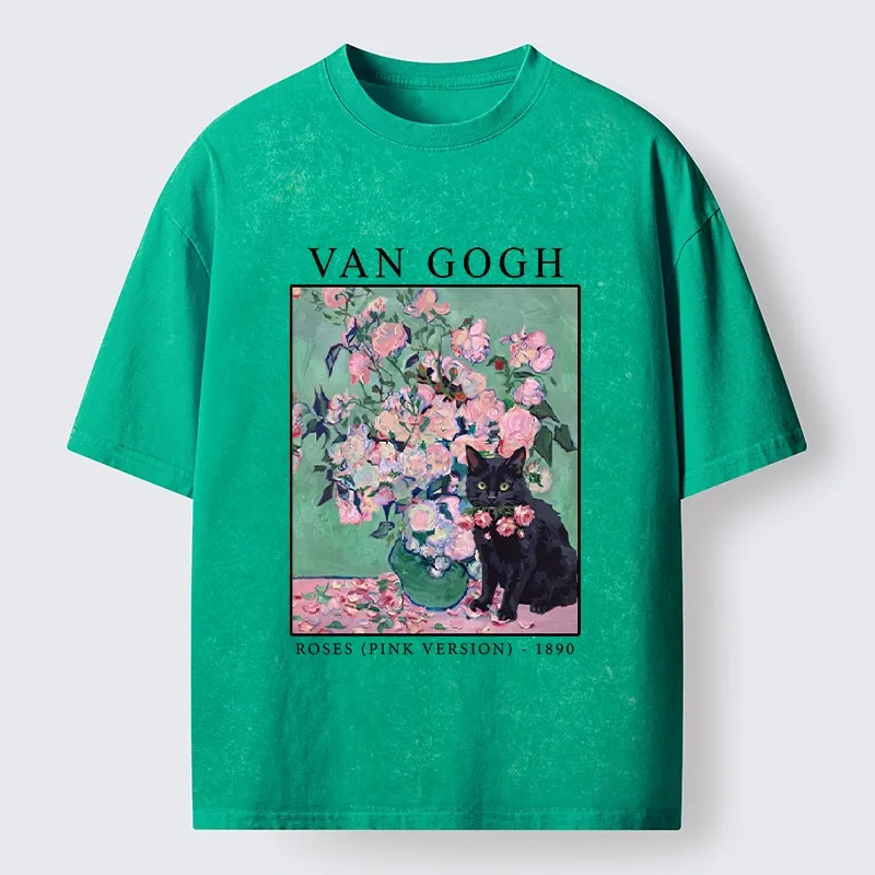 Tokyo‑Tiger Art Cat With Roses Washed T‑Shirt