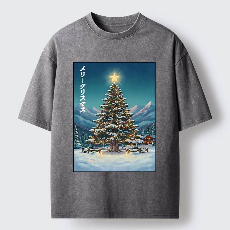 Tokyo-Tiger Snow Mountain Christmas Tree Vibe Washed T-Shirt