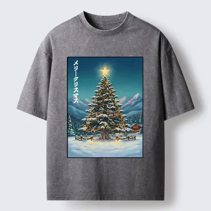 Tokyo-Tiger Snow Mountain Christmas Tree Vibe Washed T-Shirt