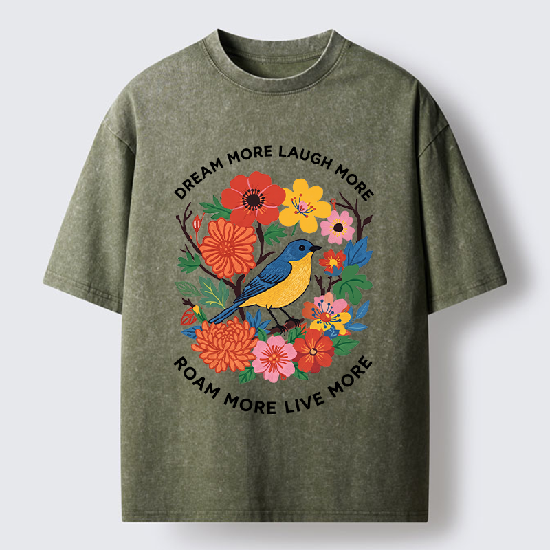 Tokyo-Tiger Vintage Bird Floral Quote Washed T-Shirt