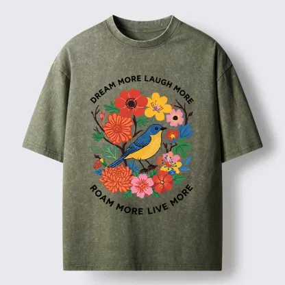 Tokyo-Tiger Vintage Bird Floral Quote Washed T-Shirt