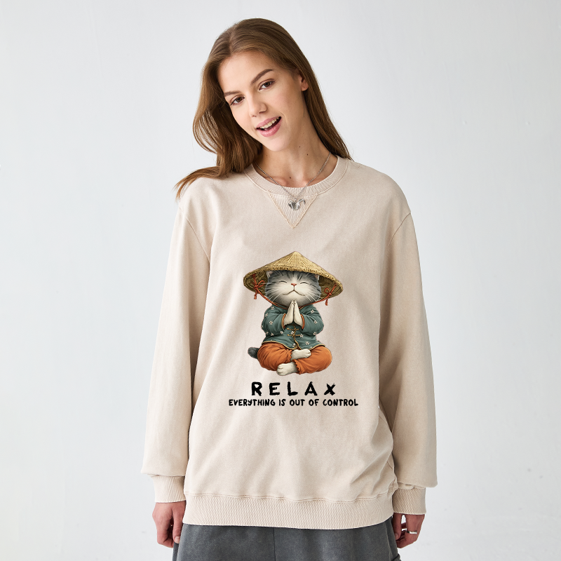 Tokyo-Tiger Zen Relax Cat Graphic Washed Terry Sweatshirt