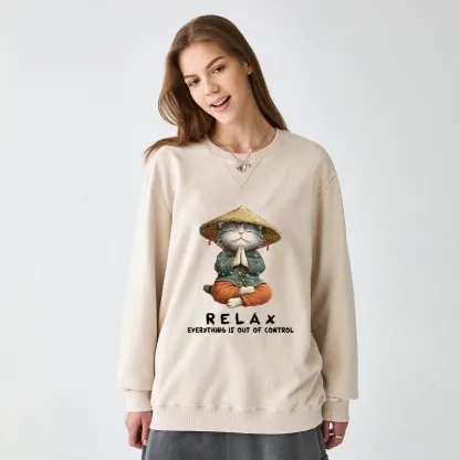 Tokyo-Tiger Zen Relax Cat Graphic Washed Terry Sweatshirt