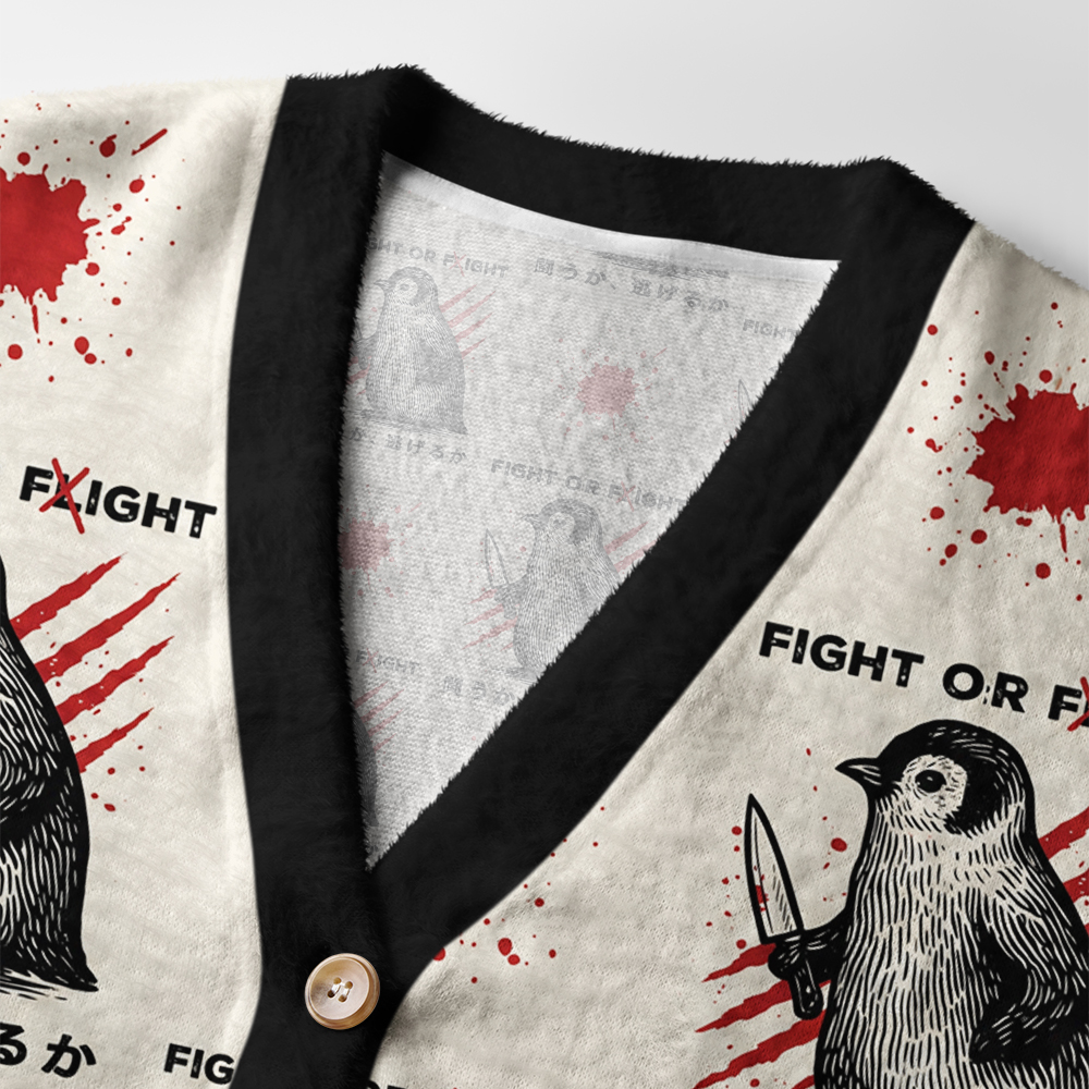 Tokyo-Tiger Woodblock Penguin:Fight Or Flight Ugly Cardigan Sweater