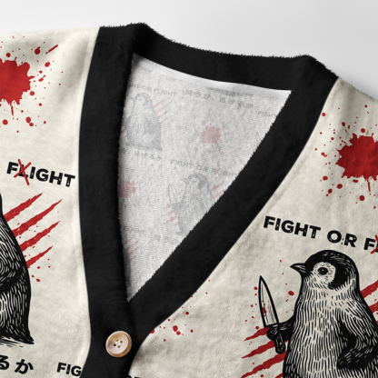 Tokyo-Tiger Woodblock Penguin:Fight Or Flight Ugly Cardigan Sweater