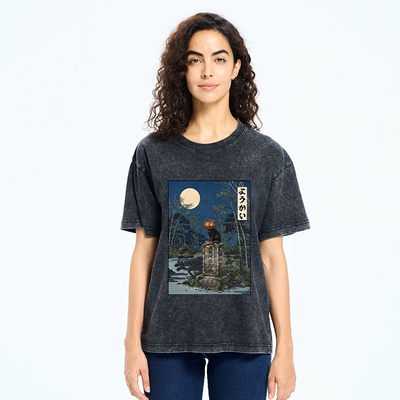 Tokyo‑Tiger Funny Ghost Cat Washed T‑Shirt