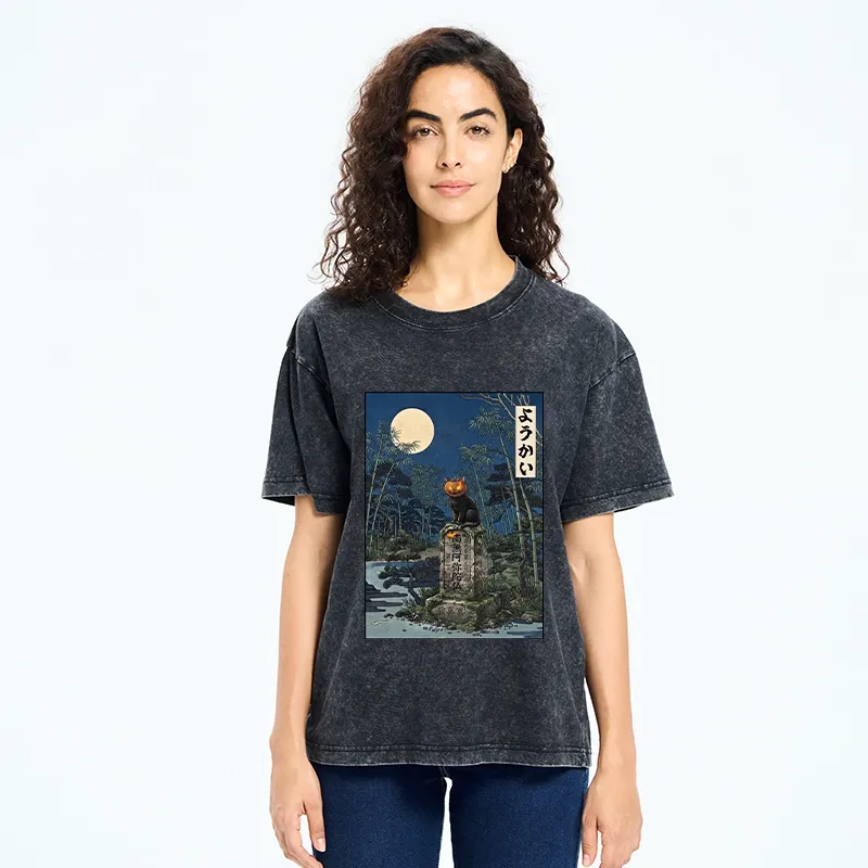 Tokyo‑Tiger Funny Ghost Cat Washed T‑Shirt