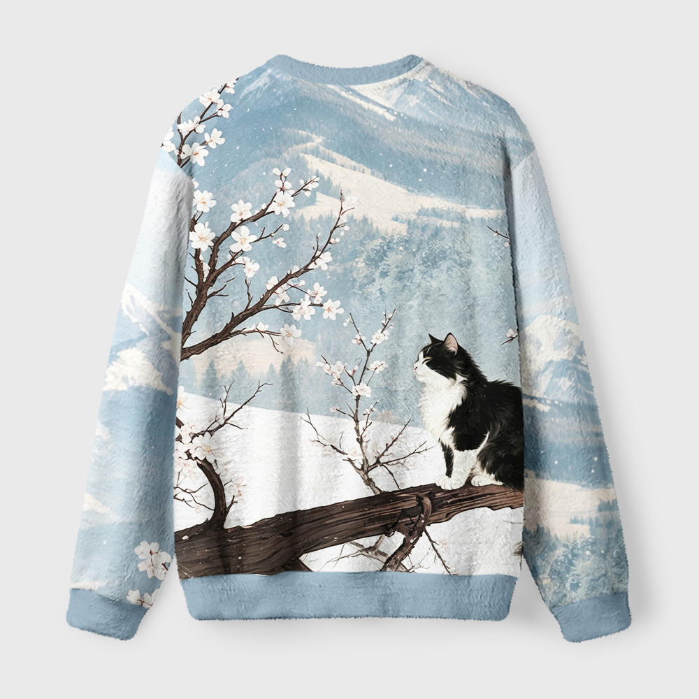 Tokyo-Tiger Flower Cat Snowy Peaks Fuzzy Christmas Ugly Sweatshirt