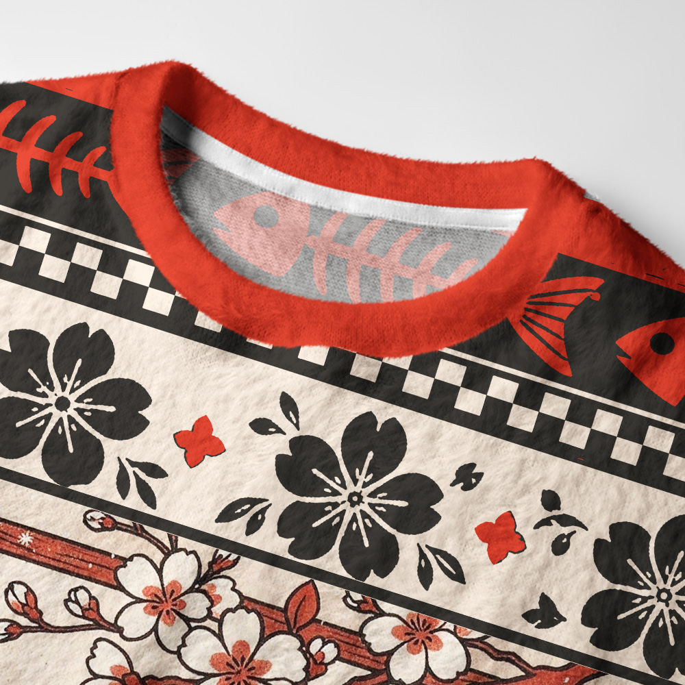 Tokyo-Tiger Ukiyo-e Santa Cat Ramen Fuzzy Christmas Ugly Sweatshirt