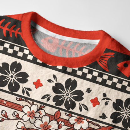 Tokyo-Tiger Ukiyo-e Santa Cat Ramen Fuzzy Christmas Ugly Sweatshirt
