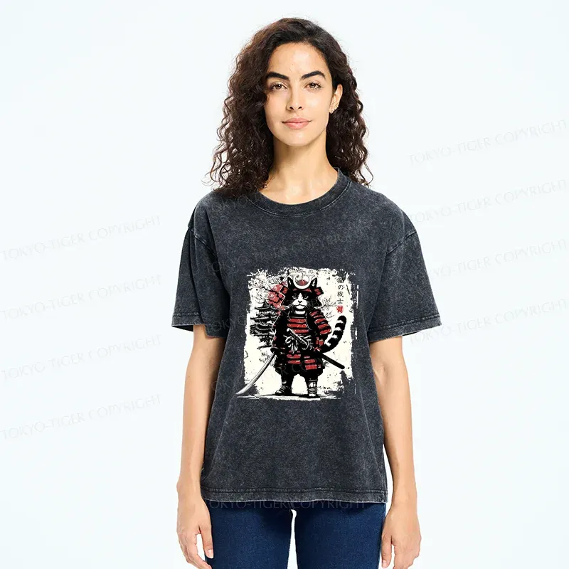 Tokyo-Tiger Retro Cat Japanese Samurai Washed T-Shirt