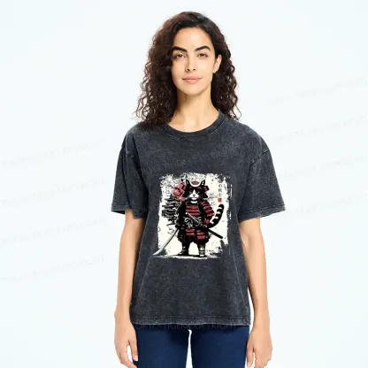 Tokyo-Tiger Retro Cat Japanese Samurai Washed T-Shirt