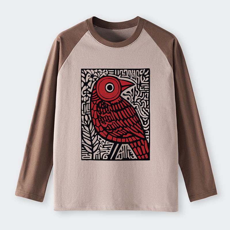 Tokyo-Tiger Retro Woodblock Bird Raglan Long Sleeve T-shirt