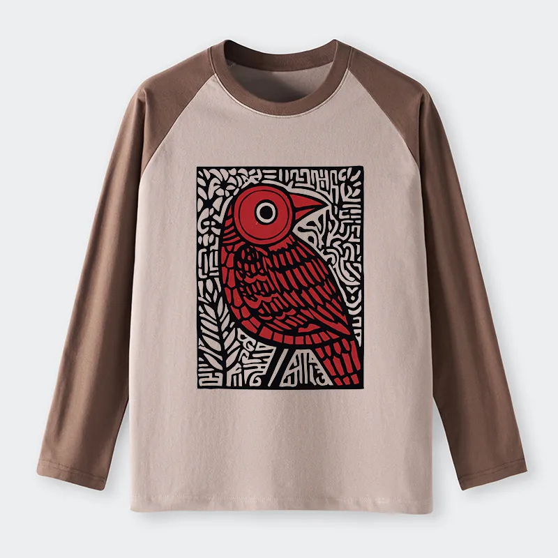 Tokyo-Tiger Retro Woodblock Bird Raglan Long Sleeve T-shirt