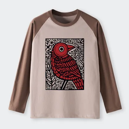 Tokyo-Tiger Retro Woodblock Bird Raglan Long Sleeve T-shirt