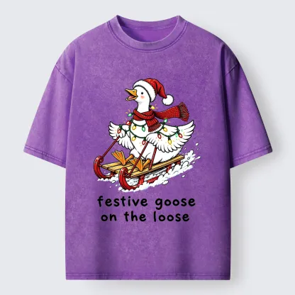Tokyo-Tiger Funny Christmas Lights Goose Meme Washed T-Shirt