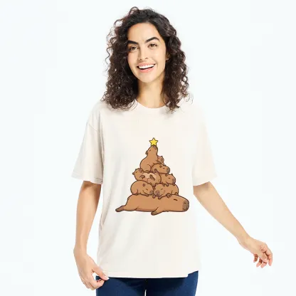 Tokyo-Tiger Funny Stacked Capybara Christmas Tree Washed T-Shirt