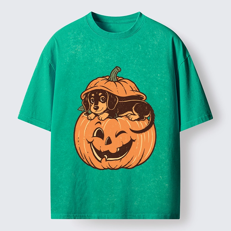 Tokyo‑Tiger Retro Pumpkin Dog Washed T‑Shirt