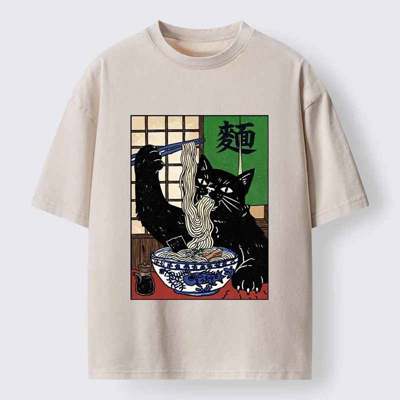 Tokyo‑Tiger Ramen Cat Vibes Washed T‑Shirt