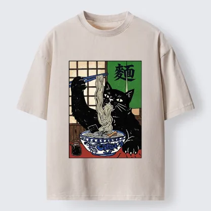 Tokyo‑Tiger Ramen Cat Vibes Washed T‑Shirt