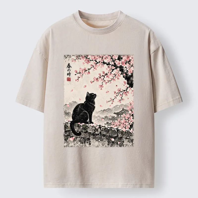 Tokyo-Tiger Spring Black Cat Art Washed T-Shirt