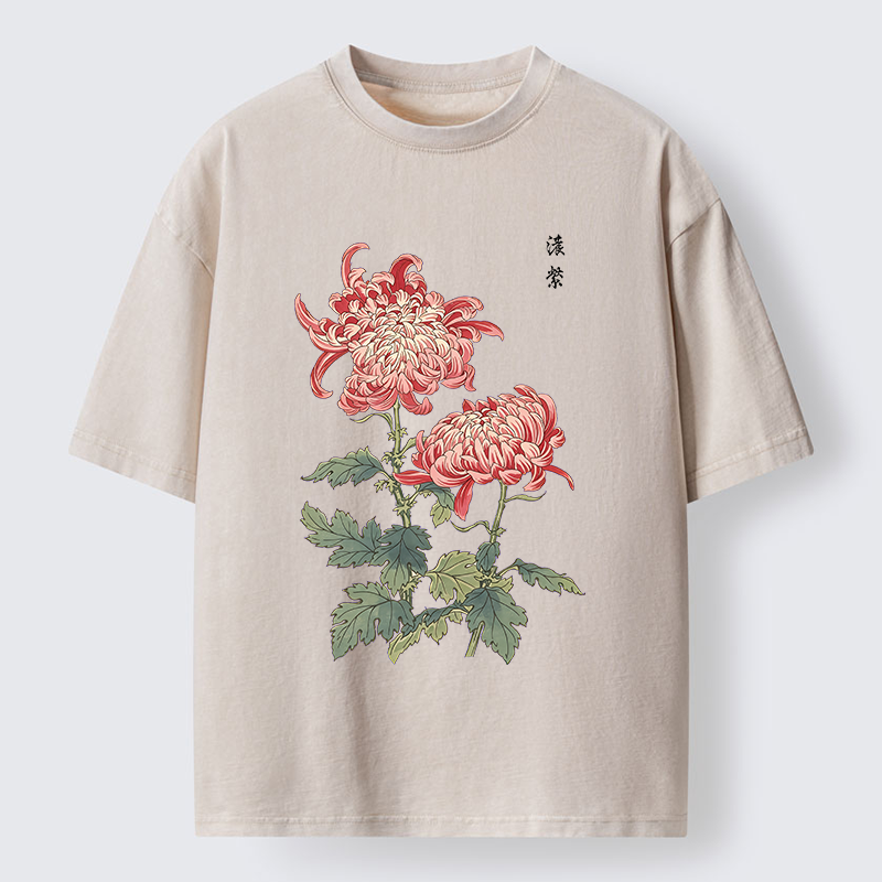 Tokyo-Tiger Vintage Red Chrysanthemum Flower Washed T-Shirt