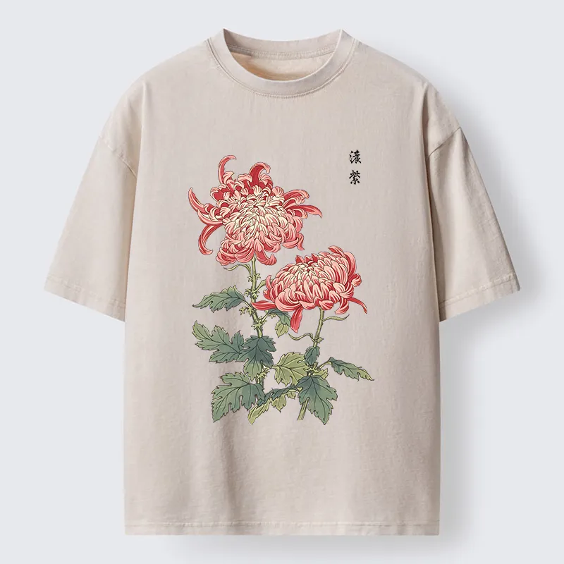 Tokyo-Tiger Vintage Red Chrysanthemum Flower Washed T-Shirt