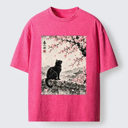 Tokyo-Tiger Spring Black Cat Art Washed T-Shirt