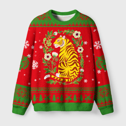Tokyo-Tiger Japanese Auspicious Flower Tiger Fuzzy Christmas Ugly Sweatshirt