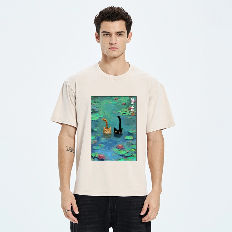 Tokyo-Tiger Funny Cats Swimming In Lilies Washed T-Shirt