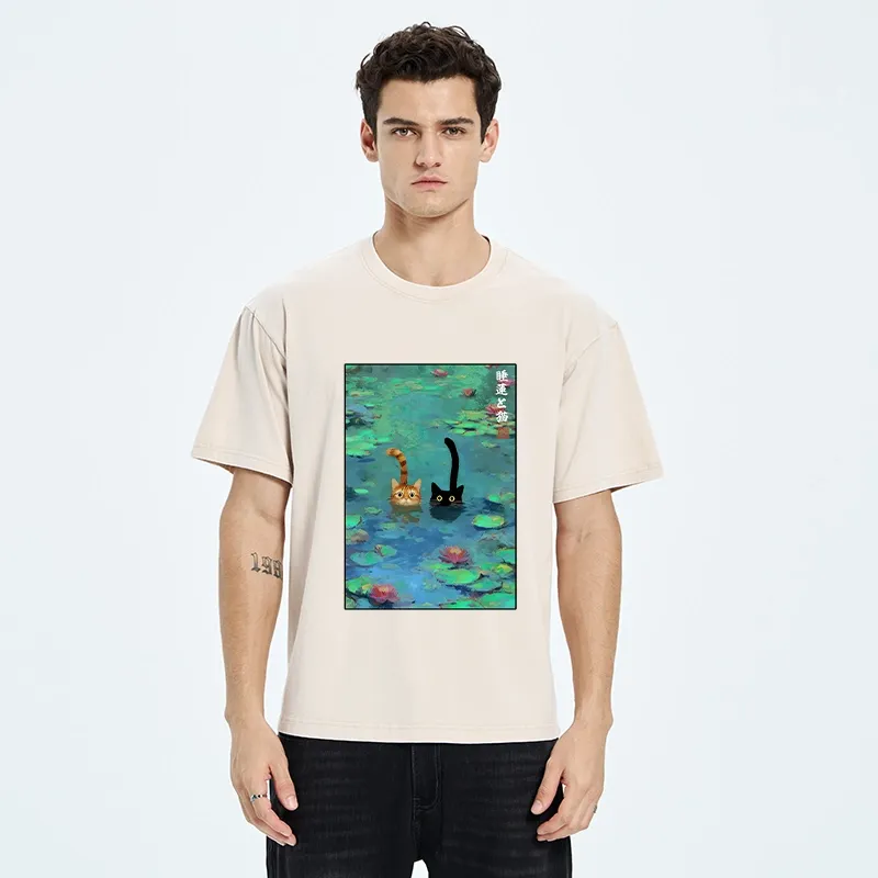 Tokyo-Tiger Funny Cats Swimming In Lilies Washed T-Shirt
