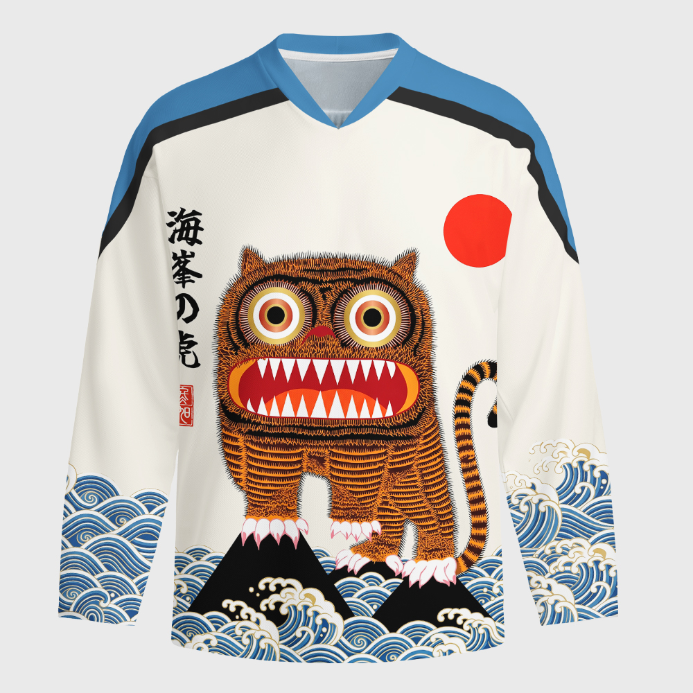 Tokyo-Tiger Folk Art Tiger Standing On Waves Long-Sleeve Hockey Jersey